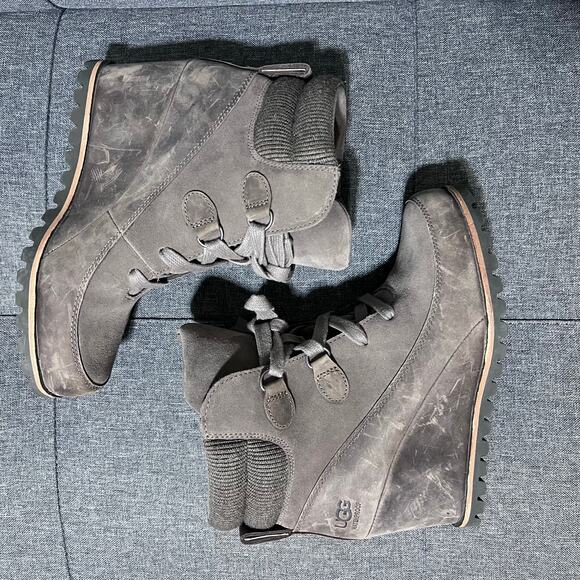 Ugg Wedge Boot Women 7 Mole Brown Kriston Nubuck Leather Waterproof - Picture 2 of 9